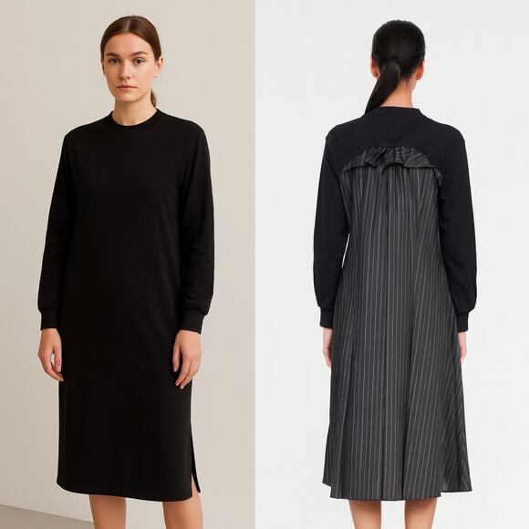 Clu NYC Black Long Sleeve Midi Dress Pinstriped Back Panel Small Quiet Luxury - Picture 1 of 10